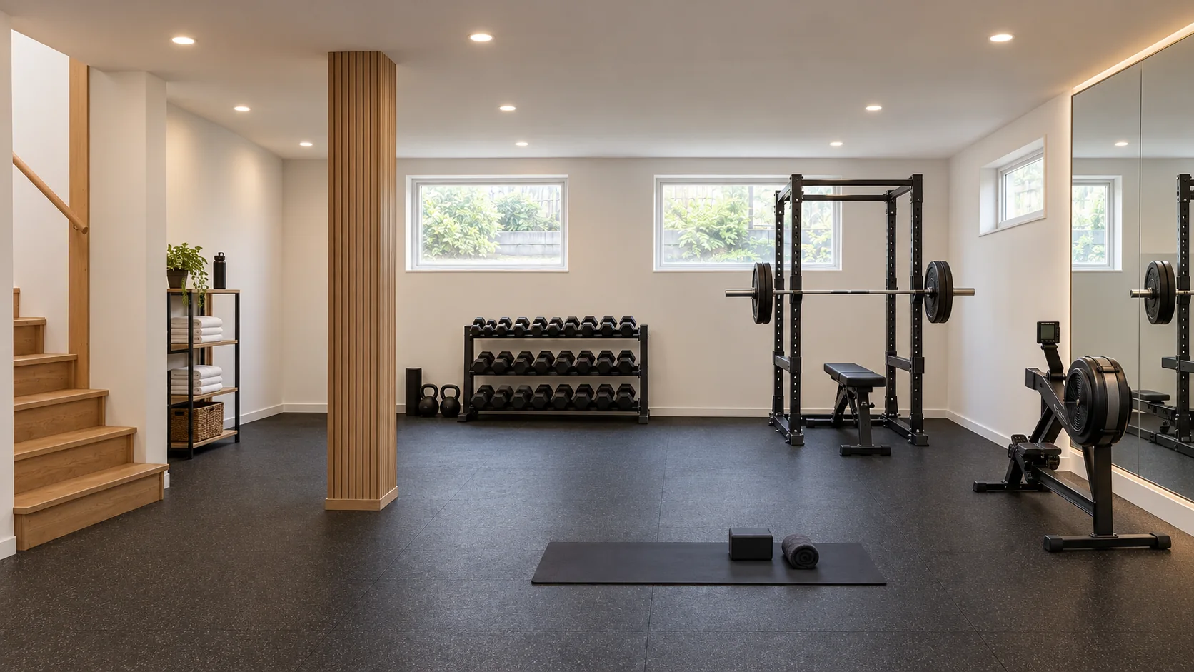 AI concept: the same basement finished as a mini home gym · not a completed project