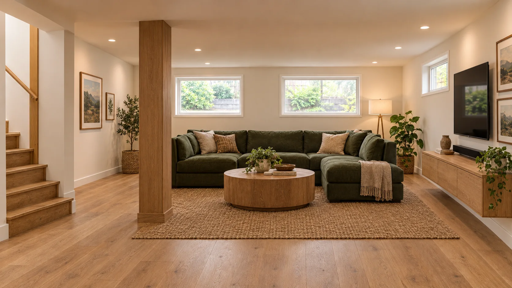 AI concept: the same basement finished as a family living room · not a completed project