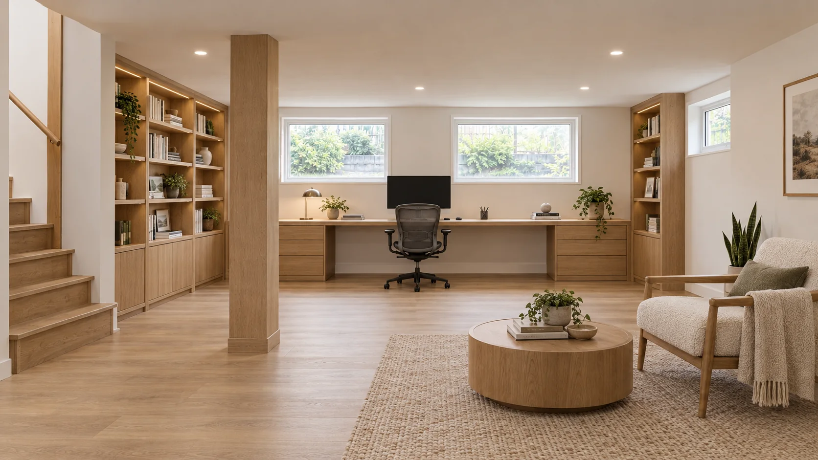 AI concept: the same basement finished as a home office · not a completed project