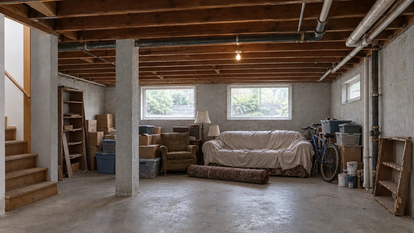 AI concept: unfinished basement half-filled with stored boxes and old furniture, before remodeling · not a real project