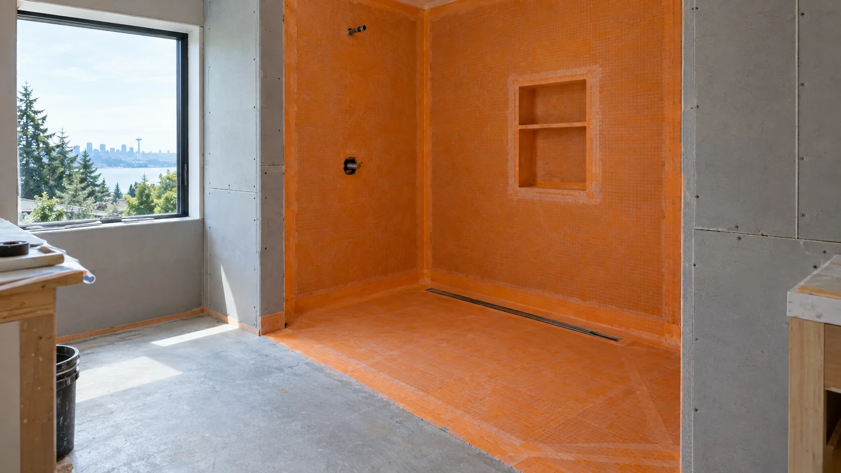 AI concept illustrating Bathroom Remodel Waterproofing · not a completed project