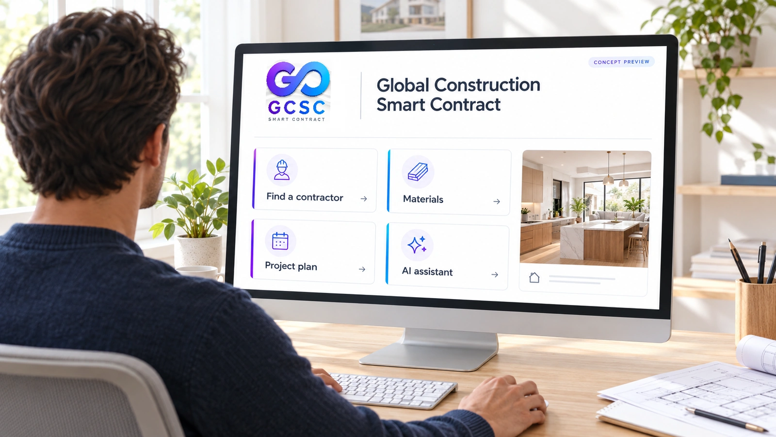 AI illustration of a person at a computer showing a white Global Construction Smart Contract workspace with the supplied GCSC logo