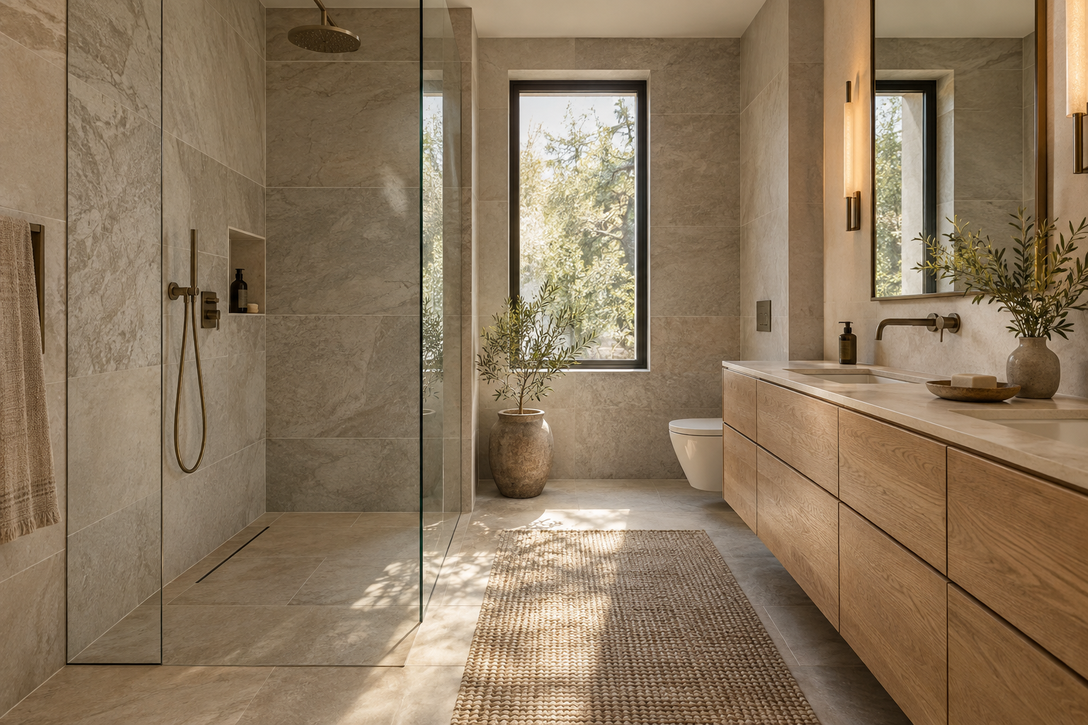 Bathroom concept with a glass shower and stone tile
