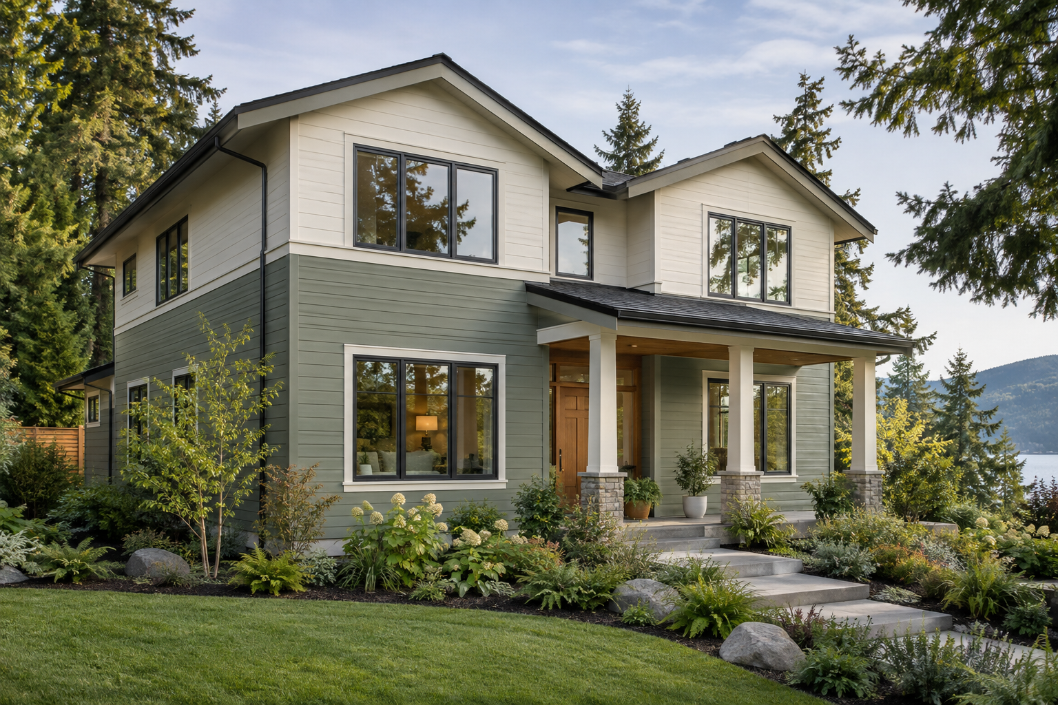 House exterior concept with sage siding and new windows